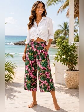 🌴 Carribean Joe Tropical Wide Leg Pants | Pink & Green Palm Print 🌴 Sz L